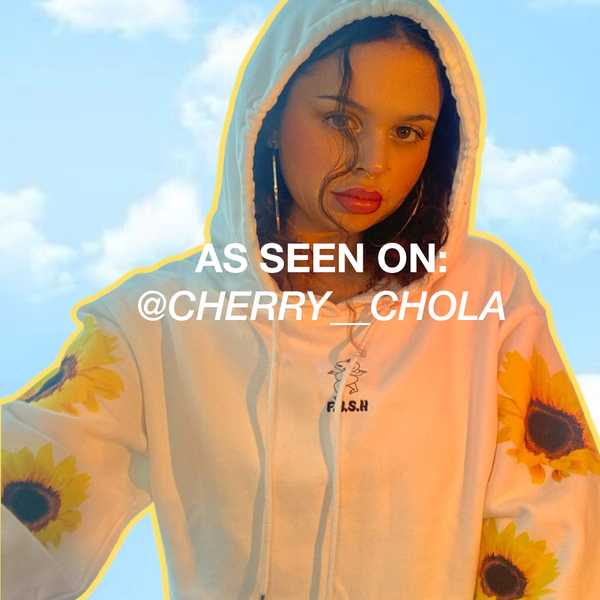 The Second Edition of our Styling Series features @cherry__chola who is wearing The Hug Me Hoodie.  This Women's Hoodie is a Cropped Fleece Hoodie with Sunflower print. Made From 100% Cotton Brushed Fleece. 